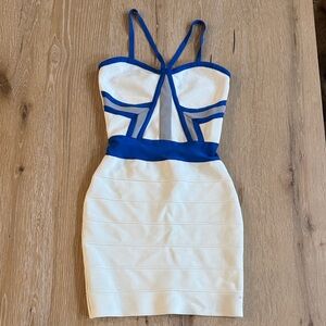 Herve Leger White and Royal Blue Strappy Bandage Mini Dress